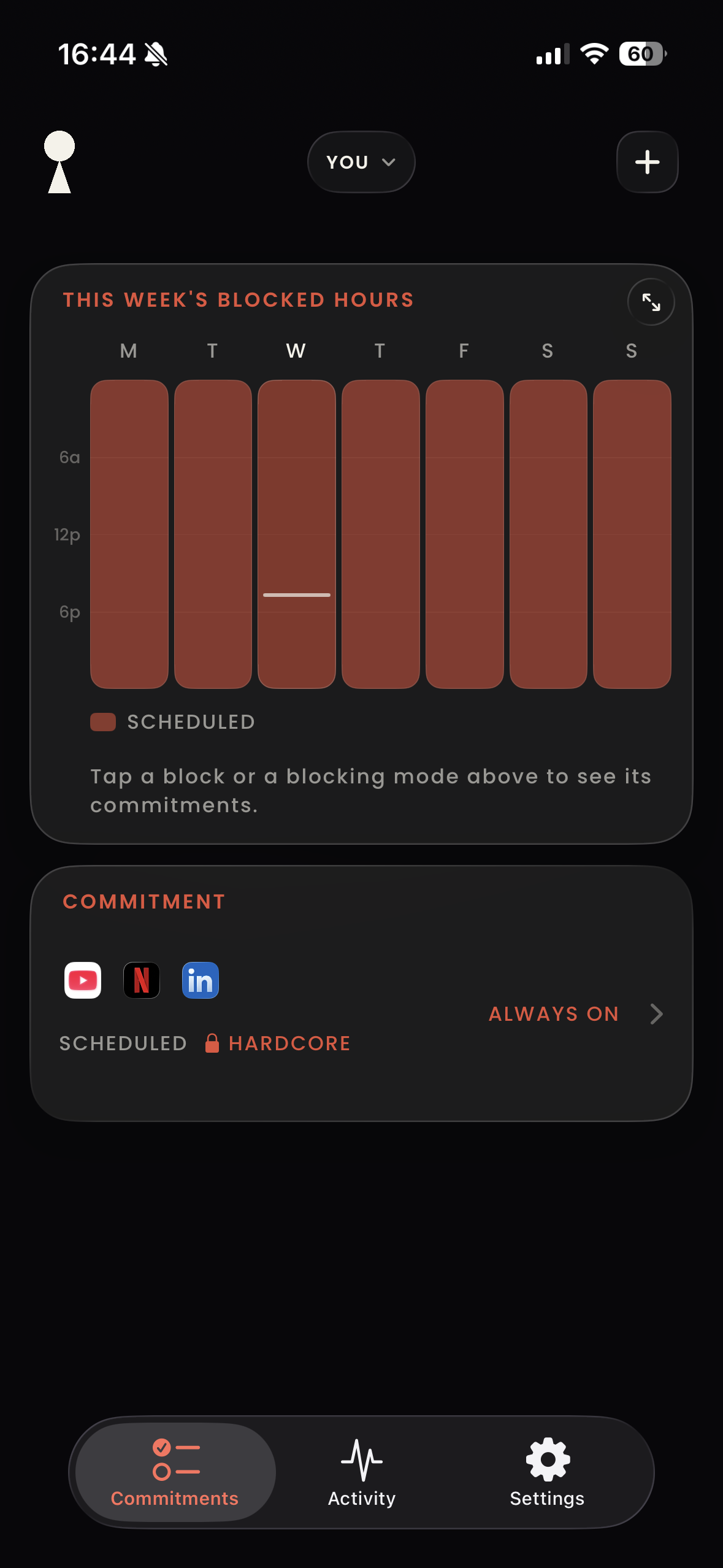 Paxt's Commitments tab: this week's blocked hours and three commitments