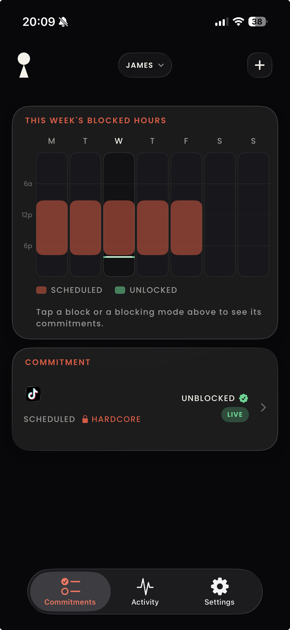 James's commitments seen from your phone: the week's blocked hours, TikTok unblocked and live