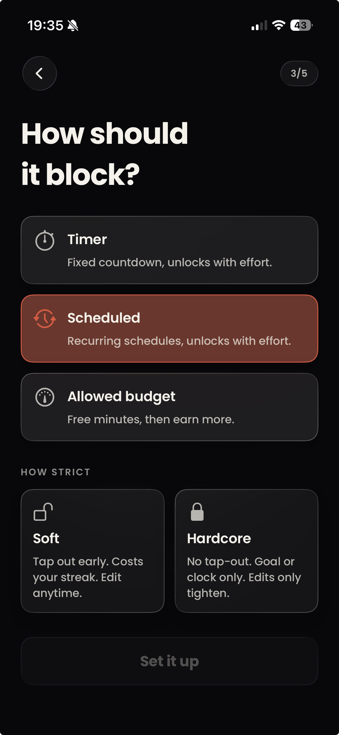 The wizard's third step: Timer, Scheduled or Allowed budget, then Soft or Hardcore